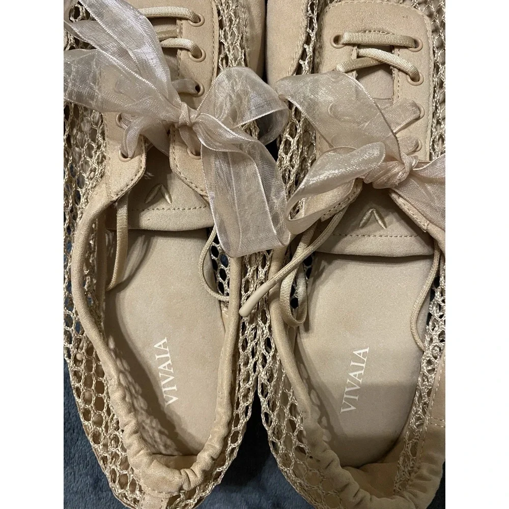 VIVAIA Miley Lace Up Mary Jane Flats Square Toe Beige Mesh Women's 41.5 US 10.5